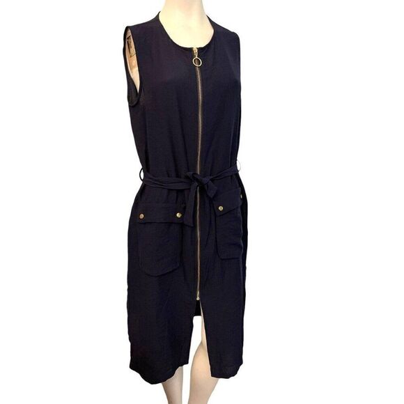 Zara Basic Medium Tie Waist Gold Zipper Dress Navy Blue Sleeveless Side Slits - Picture 1 of 6